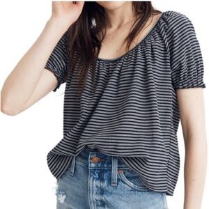 Texture & Thread, Maxwell, Sz L, peasant top, navy & white stripe, puff sleeves